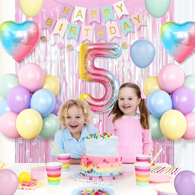 5th Birthday Decorations Rainbow,Gradient Number 5 Balloon,Pastel Happy Birthday Banner Fringe Curtain Heart Foil Balloons Boys Girls 5 Year Old Decor