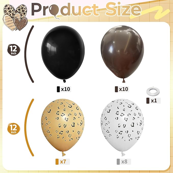 Cheetah Print Balloons, Black Dark Chocolate Tan Brown White Beige Leopard Latex Balloons, Jungle Animal Balloon Cheetah Decorations for Birthday Party Bachelorette Wild One Safari Bridal Shower Decor