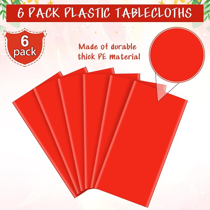 6Pcs Red Rectangle Tablecloths,Disposable Plastic Tablecloth,Waterproof Red Table Cover for Graduation Birthdays Weddings Anniversary Party Decorations,54 x 108 Inch