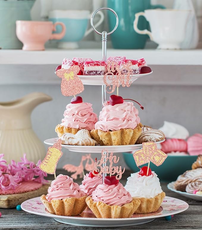 Gyufise 24Pcs Baby Shower Cupcake Toppers Glitter Bow Dress Baby Bottle Oh Baby Cupcake Picks It's a Girl Cake Decorations for Gender Reveal Baby Shower Kids Girls Birthday Party Supplies Rose Gold