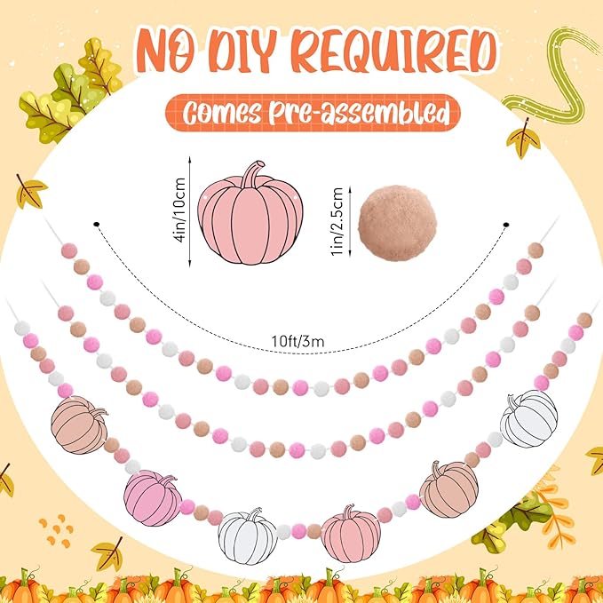 Breling 3 Pcs 10 ft Fall Felt Ball Garlands Pink Pumpkin Felt Pom Pom Banner Autumn Pumpkin Garland Decorations Festive Harvest Hanging Decorations for Fall Thanksgiving Home Wall Mantle Hanging Decor