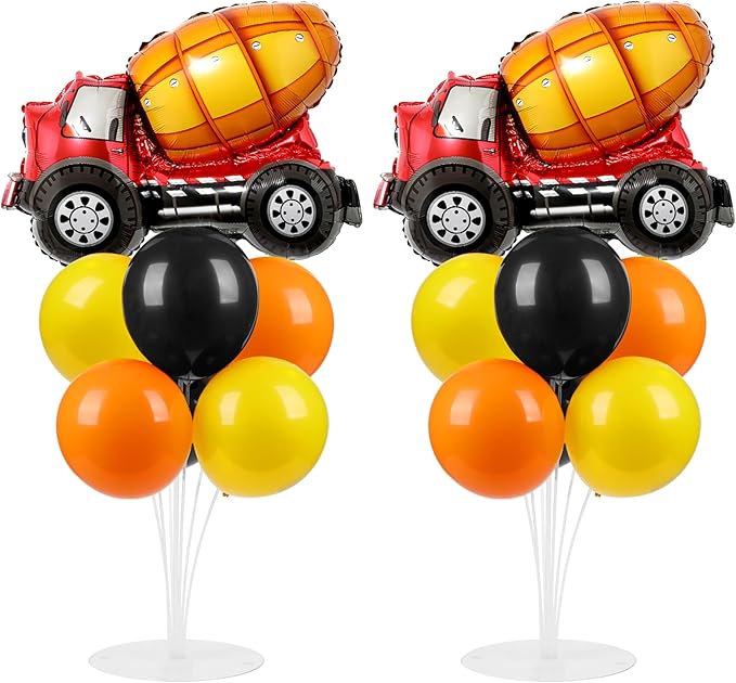 Construction Party Balloons Stand Kit 2 Sets with 2 Construction Truck Foil Balloons Black Orange Yellow Party Balloon Centerpiece for Tables for Boy Girl Excavator Birthday Baby Shower Parties Decor