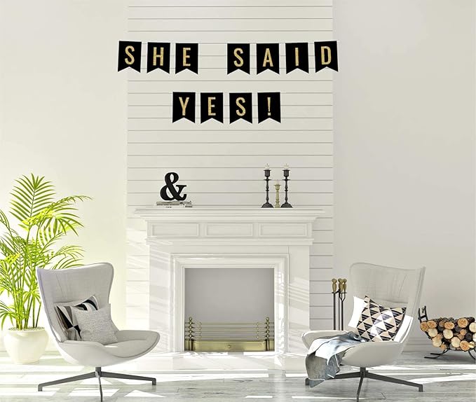 Andaz Press Faux Gold Glitter on Black Wedding Party Banner Decorations, She Said Yes!, Approx 5-Feet, 1-Set, Colored Hanging Pennant Decor