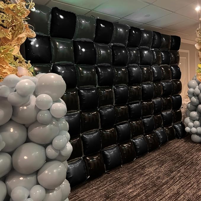 Black Square Foil Balloons Wall, 25PCS Double Sided Metallic Chrome Black Foil Square Balloon Backdrop Tunnel Arch Kit Background Decor for Birthdays Graduation New Year Racing Theme Halloween Wedding
