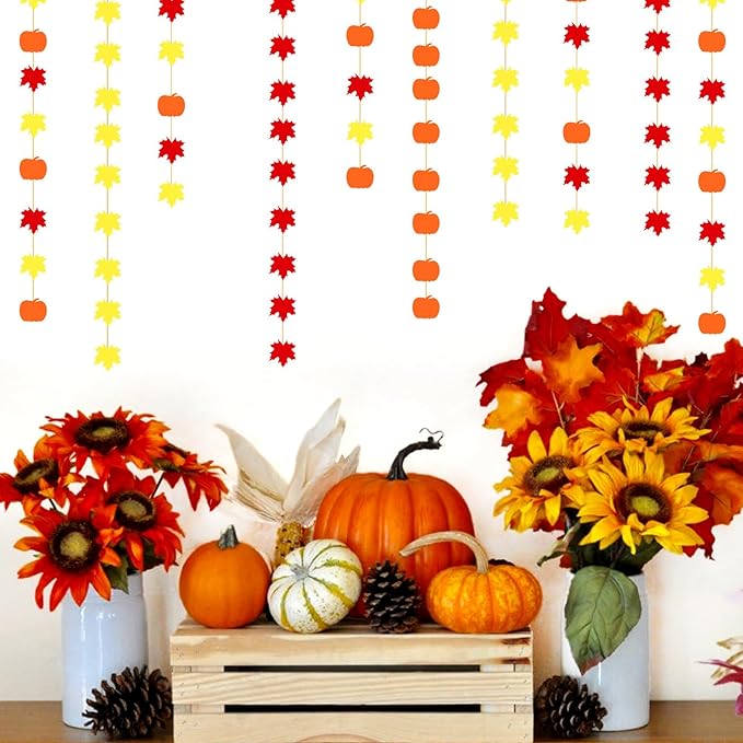 Fall-Autumn Leaves-Pumpkin Party-Decorations Streamers Garland - 5pcs Orange Baby Shower Birthday Maple Leaf Hanging Paper Banner,Harvest Friendsgiving Room Decor Banners Lasting Surprise