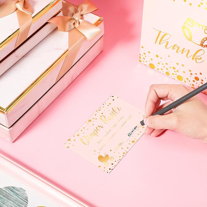 Funrous 51 Diaper Raffle Tickets with Box for Baby Shower Game Invitations Diaper Raffle Card for Gender Reveal Baby Shower Party Decoration Table Centerpiece(Rose Gold)