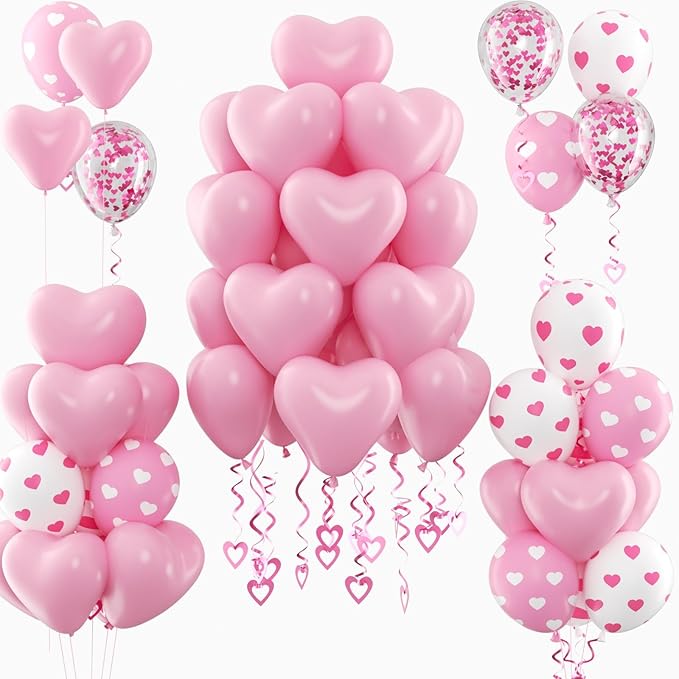 Valentines Day Balloons Decorations Set - 69 Pcs Pink Heart, Pink Heart Confetti, Pink and White Heart Print Balloons for Valentine's Day Galentine's Day Wedding Mothers Day Party Decorations
