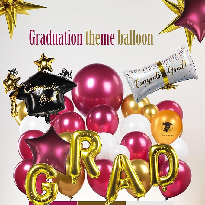 Maroon gold white Graduation Balloon Garland Arch Kit 115PCS with Graduation Star print Certificate Letter Mylar Foil Balloons for Graduate Class of 2026 Grad Prom party Decorations Supplies