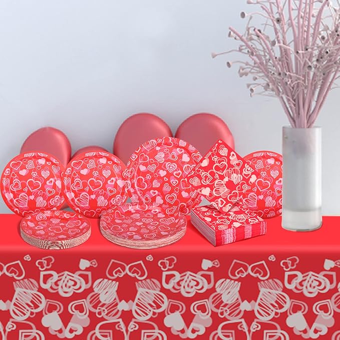 Gatherfun Valentine's Party Supplies Hot Heart Love Disposable Paper Plates Napkins Waterproof plastic Tablecloth for Valentine's , Engagements, Anniversary, Birthday Party Serve 50