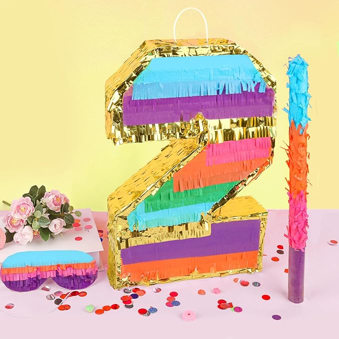 Rainbow Number 2 Pinata Birthday Decorations for Kids, Rainbow Pinata with Bat Stick Blindfold for Boys Girls 2th Birthday Celebrations Baby Shower Party Supplies (16.1x10.6x2.9 Inches)