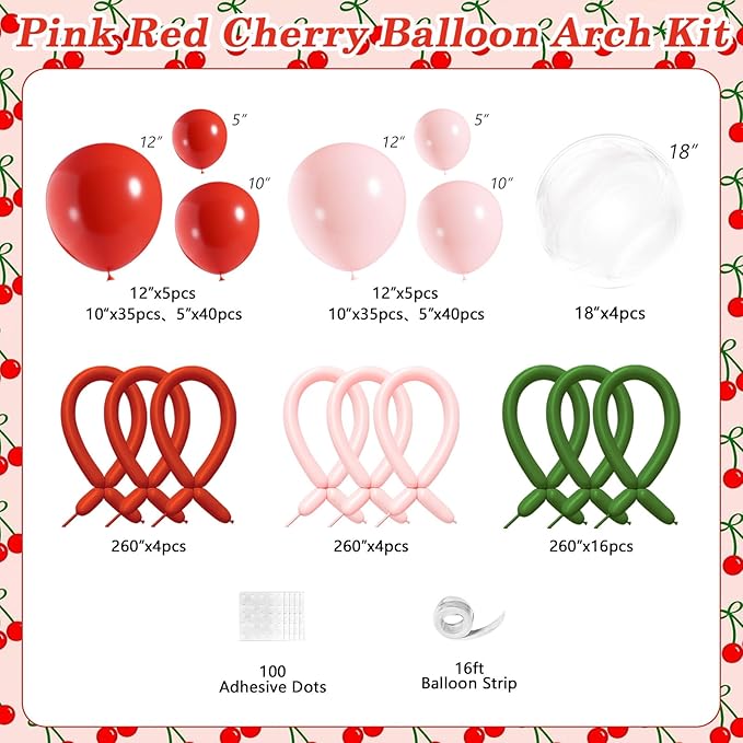 JOGAMS Cherry Balloon Arch Kit,184Pcs Red and Pink Balloon Arch Kit with 260 Long Clear Balloons for Cherry On Top Baby Shower Birthday Bridal Shower Wedding Valentine's Galentine's Day