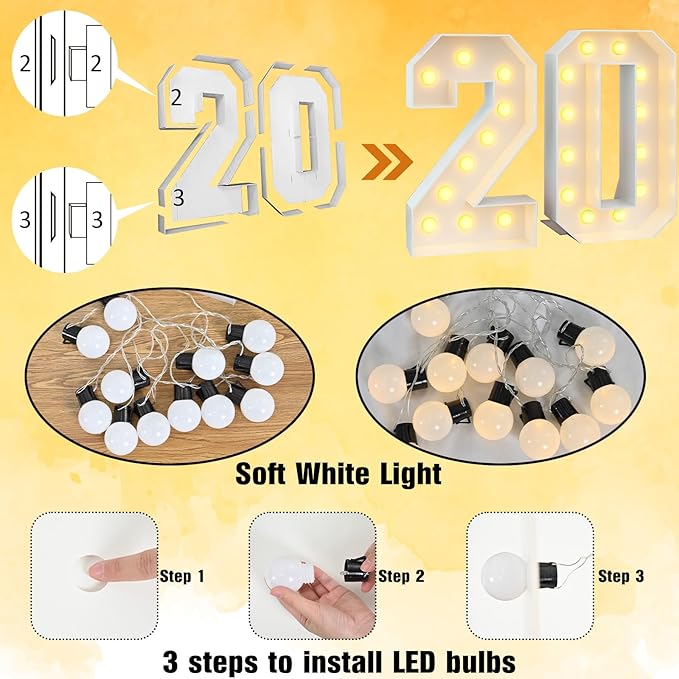 Light Up Number 20 White Marquee 4ft Numbers with Lights Large Mosaic Frame with Slots for 20th Birthday Party Decorations Anniversary Pre-Cut Cardboard Thick Foam Board Sign New Year Graduations