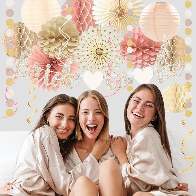 Boho Pink Bridal Shower Decorations, Champagne-Gold Bride To Be Banner Bachelorette Party Decor, Honeycomb Balls, Paper Flowers, Lanterns, Hanging Swirls, Circle Dots Garland for Wedding Shower Party