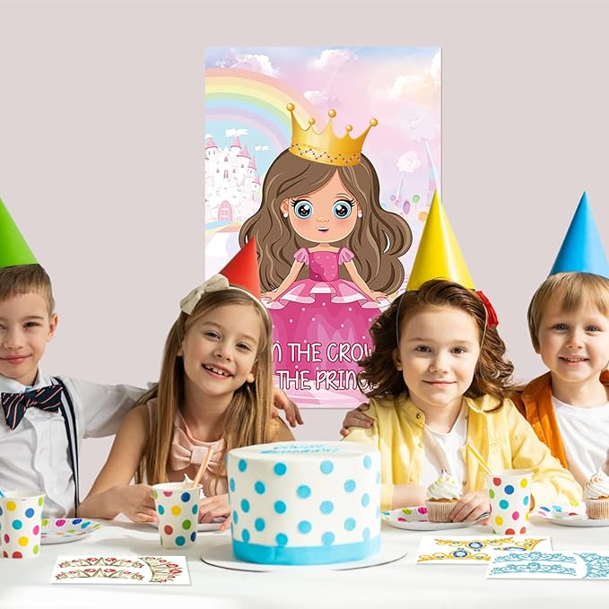 Hooqict Pin The Crown on The Princess Party Games for Kids Girls Princess Birthday Party Decorations Tea Party Favors Supplies, Large Pin The Tail Games Poster with 24 Crown Stickers