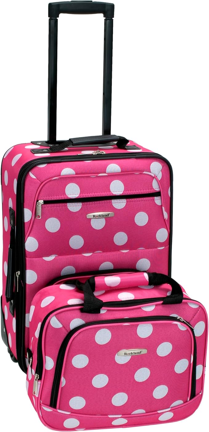 Rockland Fashion Softside 2 Piece Luggage Set, Expandable, (14" Tote/19" Upright), Pink Dot