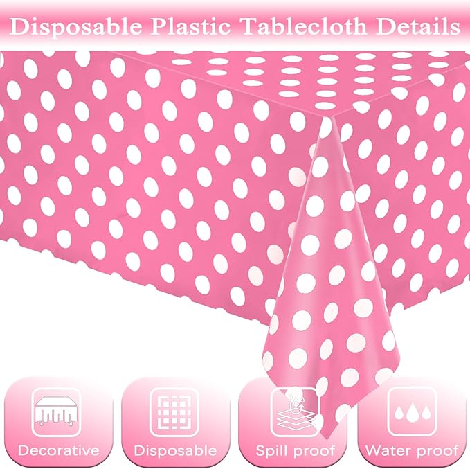 WNINK 6 Pack Pink and White Polka Dot Tablecloths – Disposable Plastic Waterproof Table Cover, 54" x 108", for Birthday, Wedding, Bridal Shower, Bachelor, Pink Girl Party, and Picnic