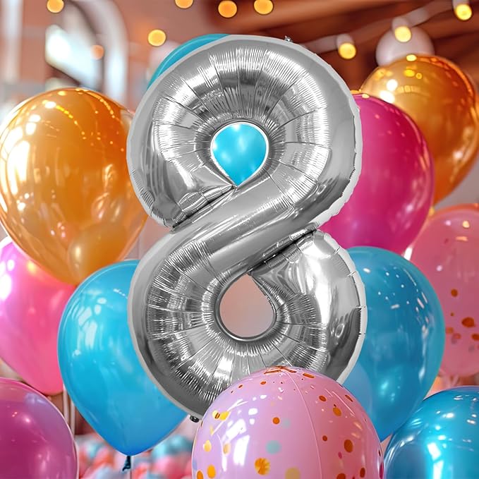 40 Inch Large Silver Number Celebration and Decoration Balloon for Birthday Parties, Graduations, Anniversaries, Weddings, Photo Shoots, Special Events - Helium Foil (Silver Number 8)