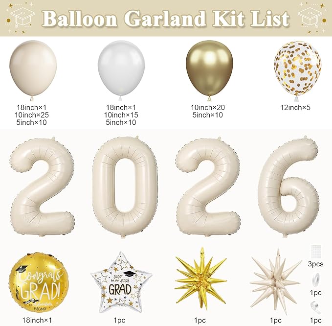 Sand White Gold Balloon Arch Kit, Graduation Balloon Garland Sand Gold White Balloons with Foil Star Confetti Balloons for 2026 College High School Graduation Decorations Class of 2026
