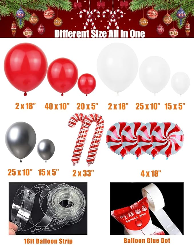 Christmas Balloon Arch Garland Kit 150pcs Red White Silver Balloons With Candy Cane Swirl Foil Balloons Xmas Merry Christmas Friendsmas Winter Santa Claus Ugly Sweater Party Decoration (Red)