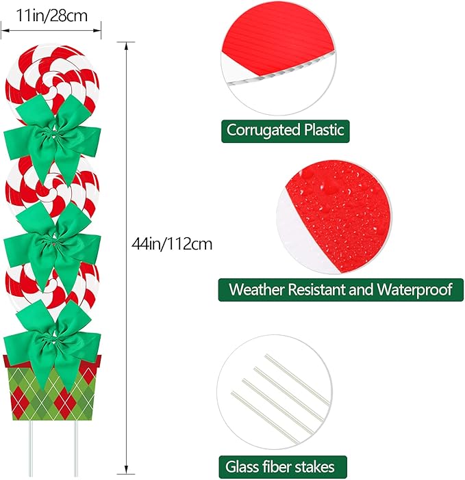 Skylety 2 Sets Christmas Peppermint Cane Candy Outdoor Decorations with 44 Inch Lawn Yard Stake with LED String Lights for Green Christmas Front Door Home Farmhouse Garden Outside Party(2 Sets)