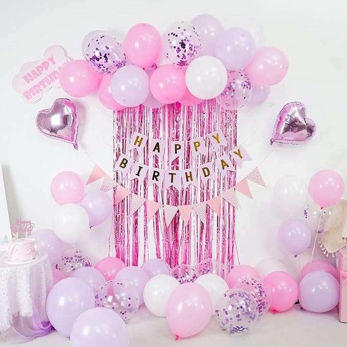 Pink Purple Birthday Decorations for Girls,Happy Birthday Party Decorations for Women,Pink Fringe Curtain Happy Birthday Banner Confetti Balloons Purple Heart Foil Balloons for Birthday Princess Party
