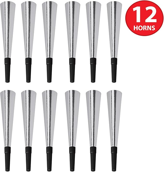 Beistle Sparkling Silver Party Horns, Pack of 12, Metallic Foil with Black Mouthpiece, Noise Makers for New Year’s Eve, Birthday Parties, Weddings and Celebrations, 9”