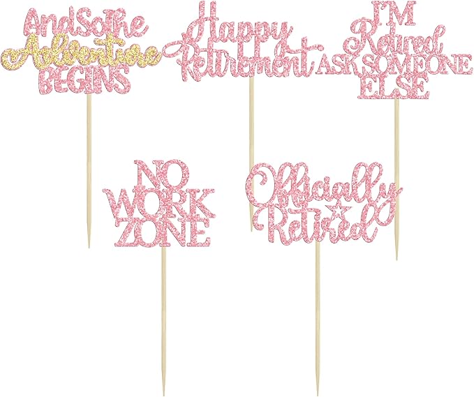 Gyufise 30Pcs Happy Retirement Cupcake Toppers Officially Retired Cake Toppers No Work Zone Adventure Begins Cupcake Picks for Retirement Theme Farewell Birthday Party Decorations Supplies Pink