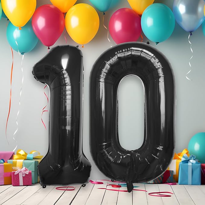 40 Inch Large Black Number Celebration and Decoration Balloon for Birthday Parties, Graduations, Anniversaries, Weddings, Photo Shoots, Special Events - Helium Foil Mylar (Black Number 10)