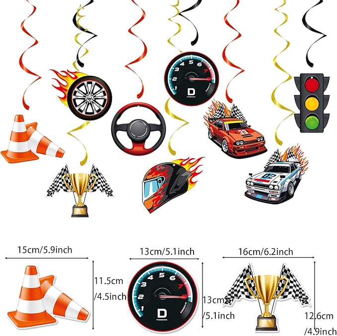 Zwiebeco Race Car Happy Birthday Banner Bunting Hanging Paper Swirls Garland Party Decorations for Racing Themed Boys Men Bday Baby Shower Decor Accessories Supplies