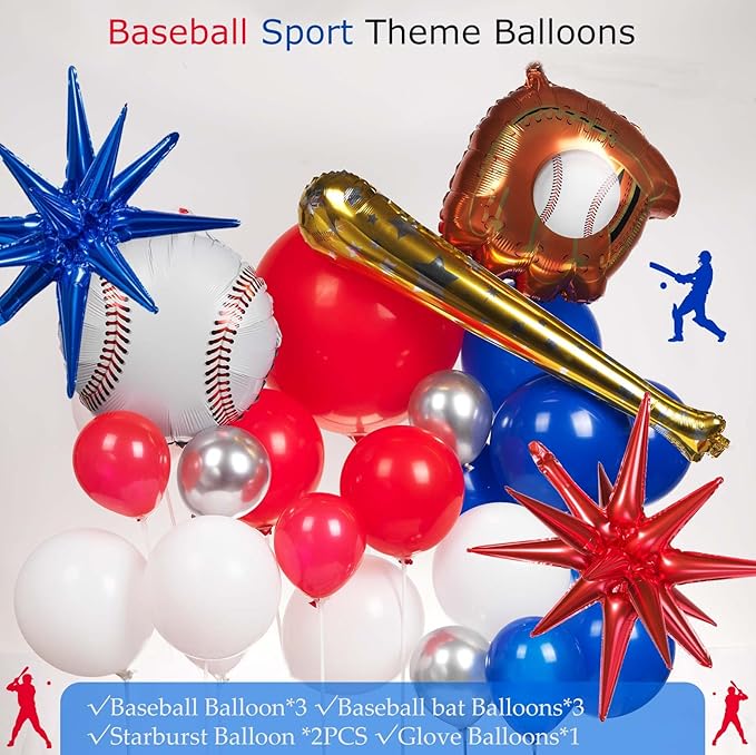 Baseball Balloon garland arch kit 150pcs Red Blue White Silver and Star Baseball bat glove foil balloons fot Sport theme Party Rookie Year 1st Birthday decorations