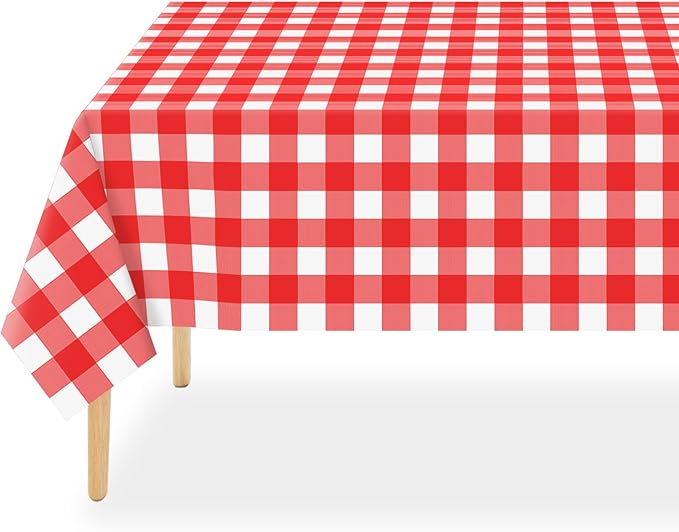 QIKSION Red Gingham Tablecloth Disposable 6 Pack, 54 x 108 Inch Red and White Checkered Table Cloth for Picnic, Outdoor BBQ Decorations, Birthday Party Supplies, Rectangle, Plastic Table Cover