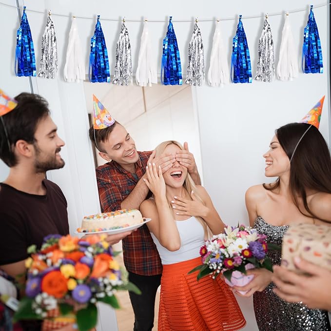 BEISHIDA 3 Packs Blue Silver White Metallic Foil Fringe Tassel Garland, Tassels Banner Streamers for Car Floats Graduation Bachelorette Birthday Baby Shower Wedding Christmas Holiday Party Decoration
