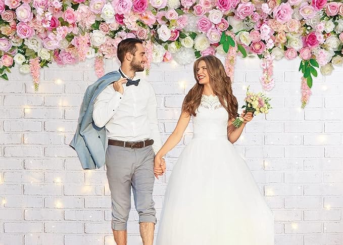 Flower Wall Backdrop Glitter White Brick Wall Mother's Day Flowers Photography Background Mother's Day Wedding Bridal Baby Shower Birthday Party Spring Theme Decor Photo Booth Props (8x6FT)