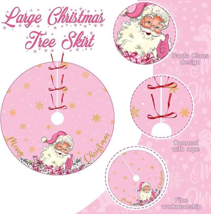 48 Inch Christmas Tree Skirt Double Layer Large Snowflake Xmas Tree Mat Decor for Winter Holiday Party Indoor Outdoor Christmas Decorations(Pink,Santa Claus)