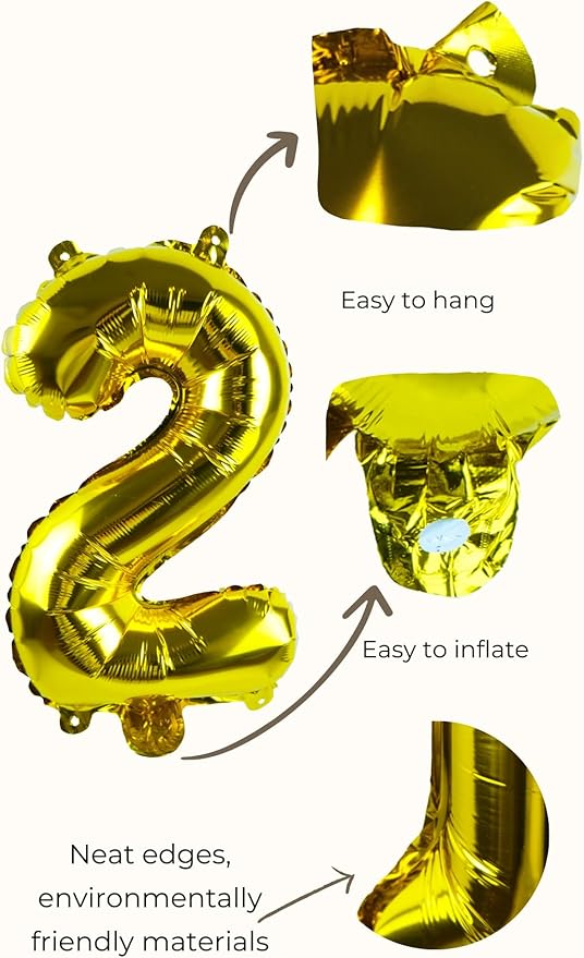 Gold Number “2”Balloons 16 Inch, Mylar Foil Custom Single Letter, Hanging, Reusable for girls boys adults Birthday,Surprise,Wedding, Celebration, Sports Party Event Decoration Supplies