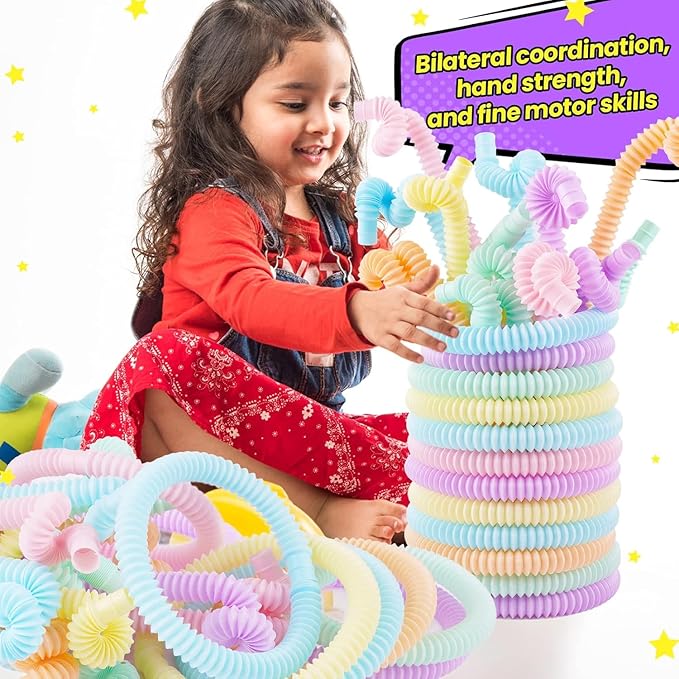24 Pcs Easter Basket Stuffer Pop Tubes, Sensory Fidget Toys Party Favors for Kids 8-12, Classroom Prizes Gifts Anxiety Goodie Bag Travel Toys for Car Airplane, 12 Pcs Large & 12 Pcs Medium
