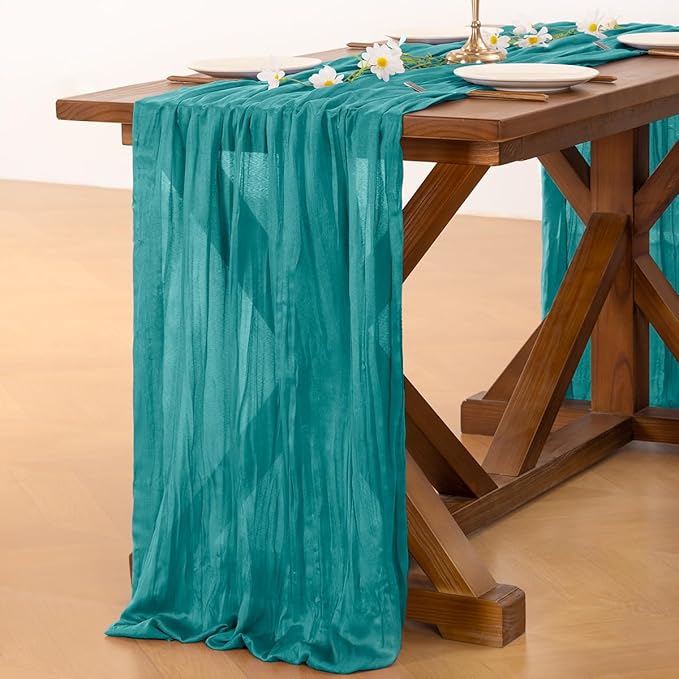 Socomi 10pcs Teal Blue Cheesecloth Table Runner Boho Rustic Gauze 120 inch 10FT Cheese Cloth Runner for Wedding Party Baby Shower Birthday Home Decor Holiday Decorations