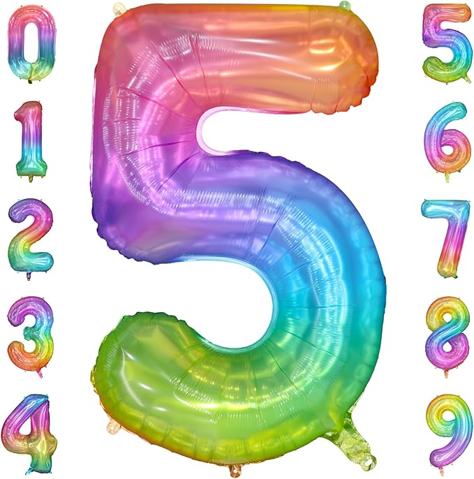 40 Inch Rainbow Number Balloon 5, Large Number Foil Balloons Mylar for Girl Boy Birthday Party Celebration Decorations Supplies, Digital Balloons for Wedding Anniversary Events Decorations