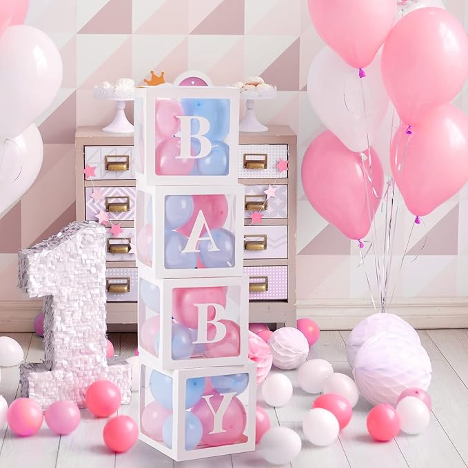 Baby Boxes with Letters for Baby Shower, Gender Reveal Decorations with Blue and Pink Balloons for Gender Reveal Birthday Wedding Baby Shower Decorations
