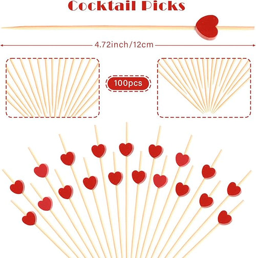 100pcs Red Heart Cocktail Picks 4.7" Long Fruit Sticks Food Toothpicks Sandwich Appetizer Charcuterie Skewers, Handmade of Bamboo Wood, for Birthday, Wedding, Valentines Day Decoration Party Supplies
