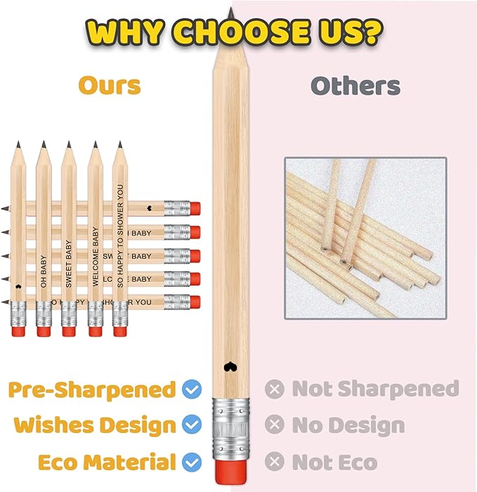 50Pcs - Baby Shower Sharpened Half Pencils with Erasers, Pre-sharpened Pencils for Baby Shower Games, 4 Inches