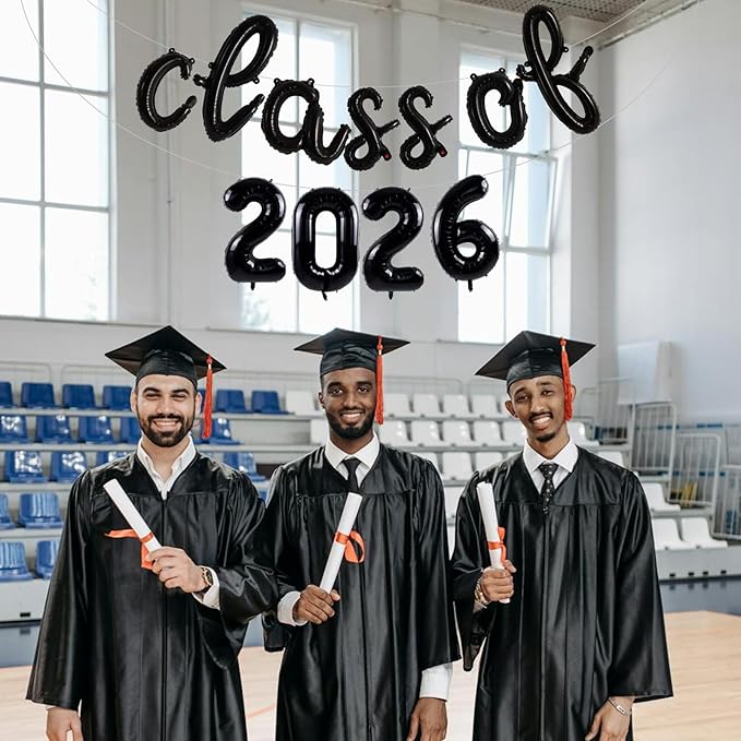 TONIFUL Black Cursive Class of 2026 Graduation Balloon Banners 2026 Commencement Decor Grad Foil Balloons 2026 Congrats Grad Balloons for Class of 2026 Congratulation Graduation Party Supplies