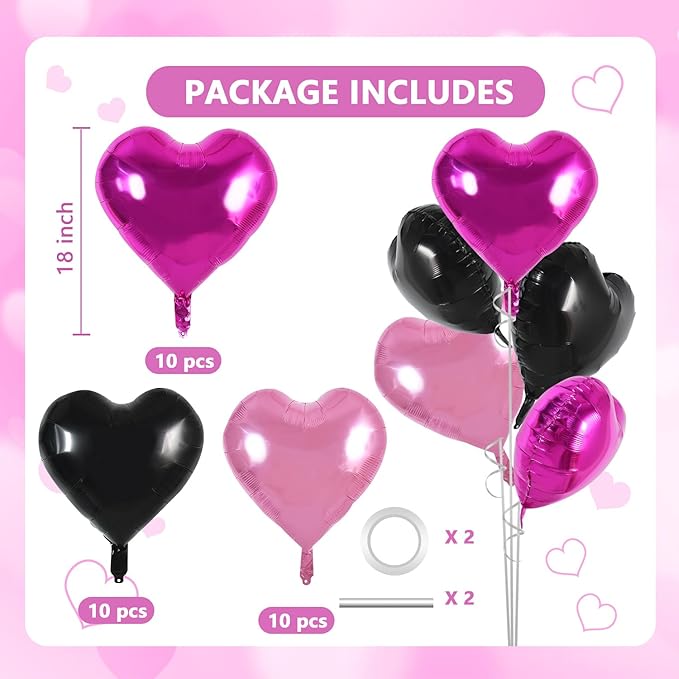 TONIFUL 30Pcs 18 Inch Black Pink Hot Pink Balloons Heart Shape Foil Mylar Banners Decoration for Birthday Valentine's Day Wedding Bridal Shower Anniversary Engagement Party Supplies