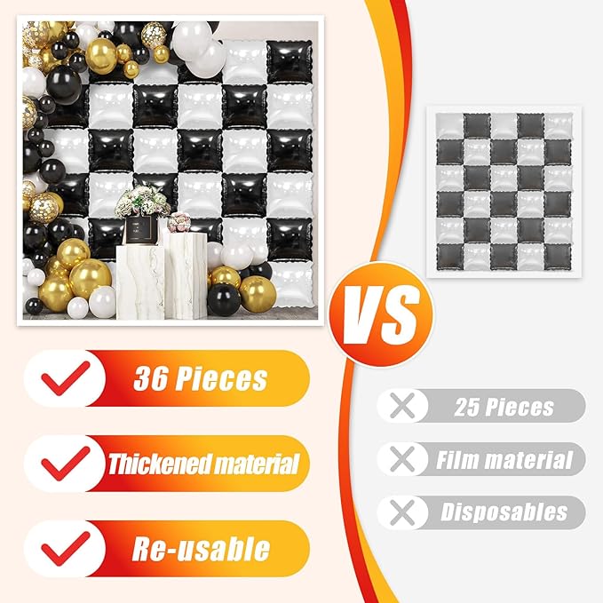 36 Pcs Black and White Square Foil Balloon Wall Backdrop Double Sided Race Car Checkered Balloons Backdrop Tunnel Arch Kit Mylar Square Balloons for Race Car Birthday Party Decorations