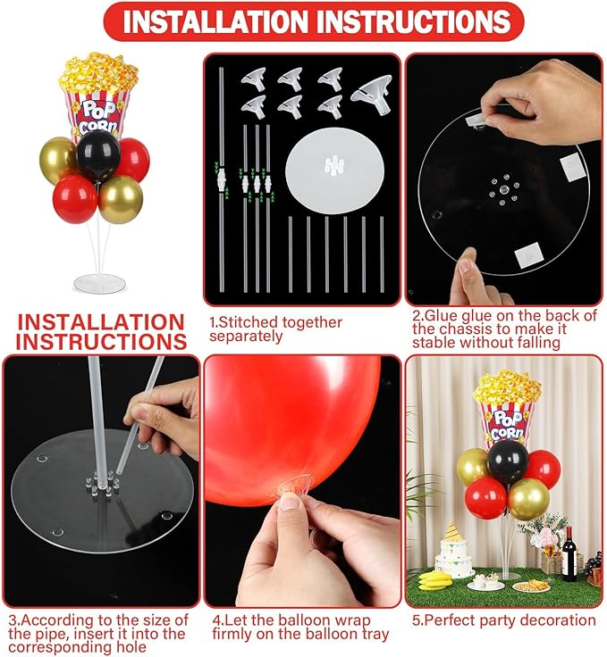 Movie Night Party Balloons Stand Kit 2 Sets with 2 Popcorn Clapboard Foil Balloons Black Red Gold Party Balloon Centerpiece for Tables for Birthday Camera Film Movie Party Decoration