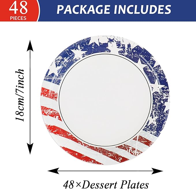48pcs 4th of July Party Paper Plates 7" Patriotic American Flag Dessert Plate Set Disposable Independence Day Memorial Day Tableware Party Dinnerware Kit Supplies Holidays Birthday Decoration
