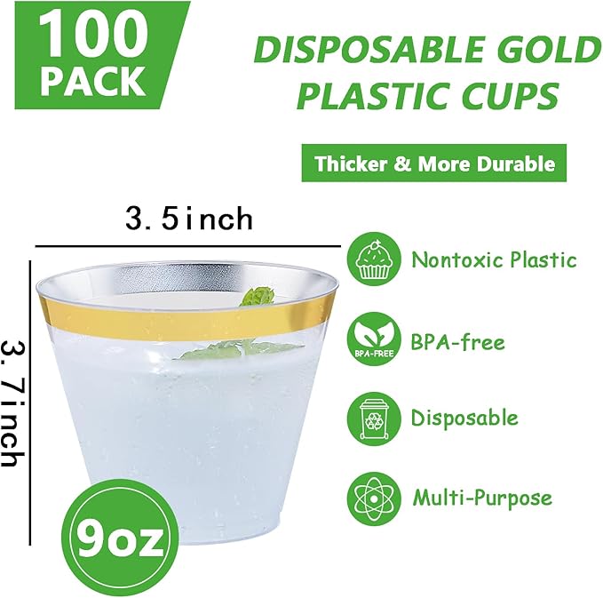 Hioasis 100Pcs 9OZ Clear Plastic Cups with Gold Trim - Plastic Disposable Cups, Heavy Duty & BPA-free for Party, Wedding, Celebrations