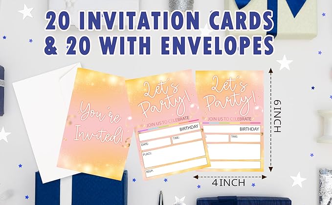 CLIRBE Let's Party Birthday Party Invitations, Pink And Rose Invited Birthday Invitations For Teen Boys Girls, 20 Invites Cards With 20 Envelopes, Party Supplies Favors -H14