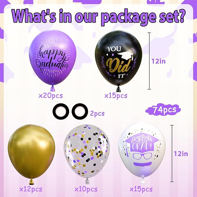 OuMuaMua 74 Pack Graduation Party Decorations Balloons Set - 12 Inch Black Purple Metallic Gold White Confetti Graduation Balloons for Class of 2026 Grad Birthday Party Decor Supplies