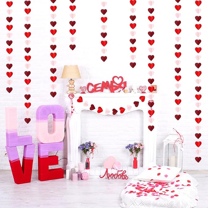 Valentines Day Pink Red Party-Decorations Heart-Garland - 39Ft 3D Burgundy Proposal Romantic Special Night Galentines Hanging Paper Streamers Banner,Engagement Wedding Baby Bridal Shower Decor Ouruola